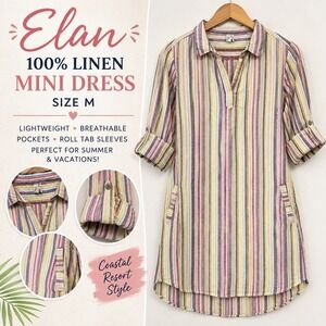 Elan Linen Mini Dress M Striped Coastal Resort Beach Cover Up Pockets Vacation